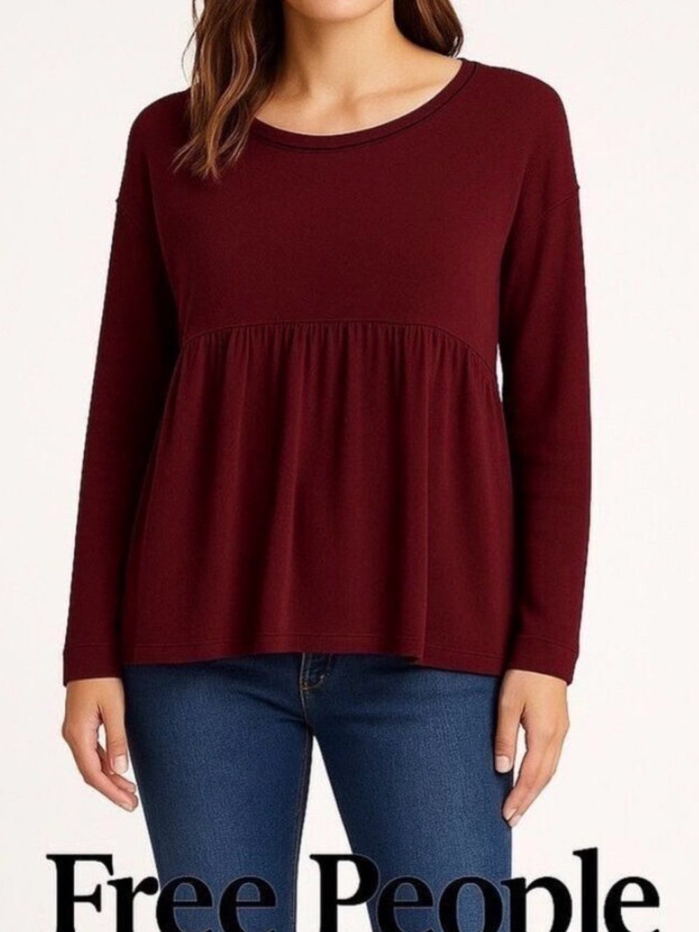 Free People Oversized Burgundy Babydoll Tunic Top Long Sleeve Boho Cozy Knit